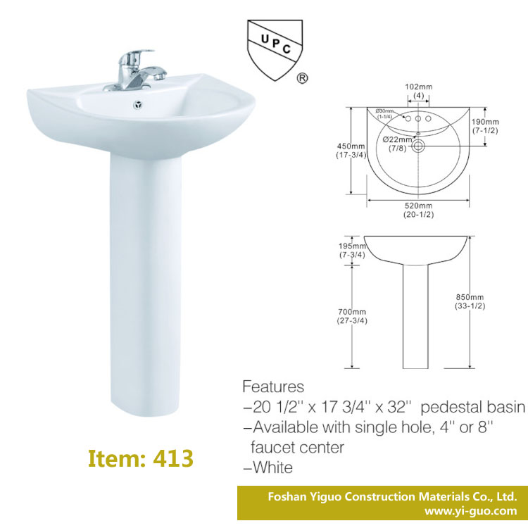 Pedestal basin ceramic sink cUPC bathroom sink 413 Yiguo