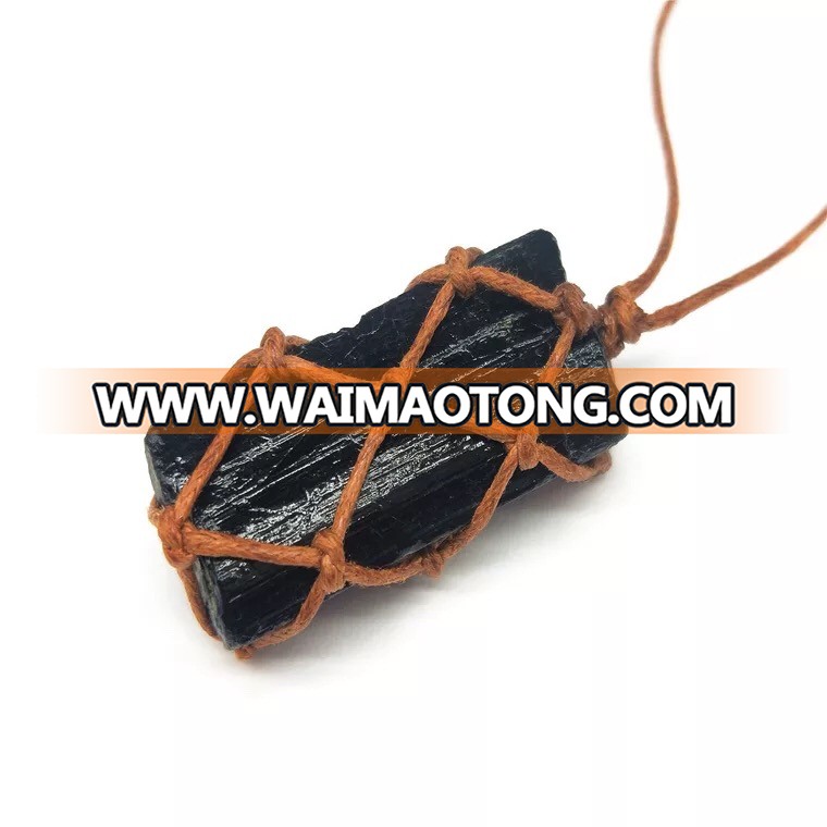 Hot sell cord knot stone pendant black tourmaline rough pendant