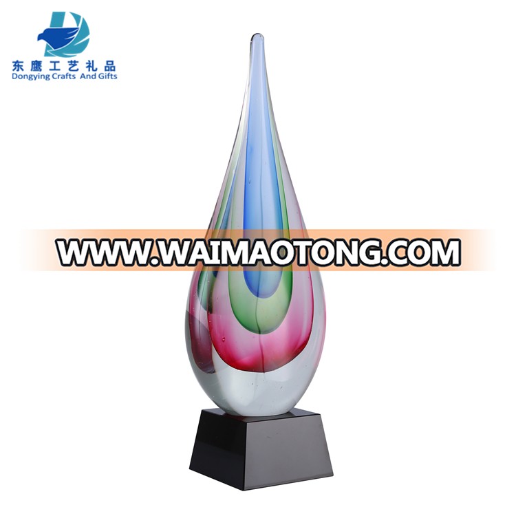 Creative cheap water drop shape art glass awards and trophies with engraved logo