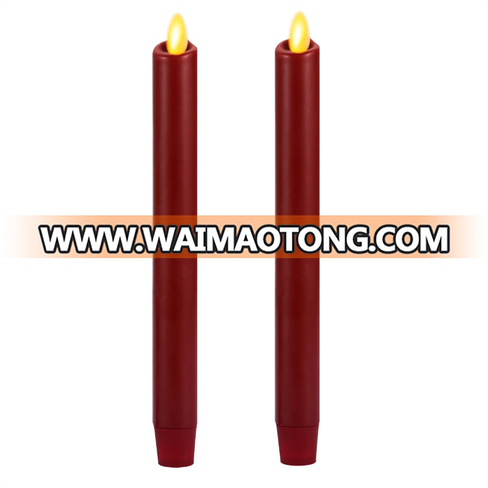 Real wax surface flameless  moving wick LED taper candles with timer and remote 2pcs/set Burgundy