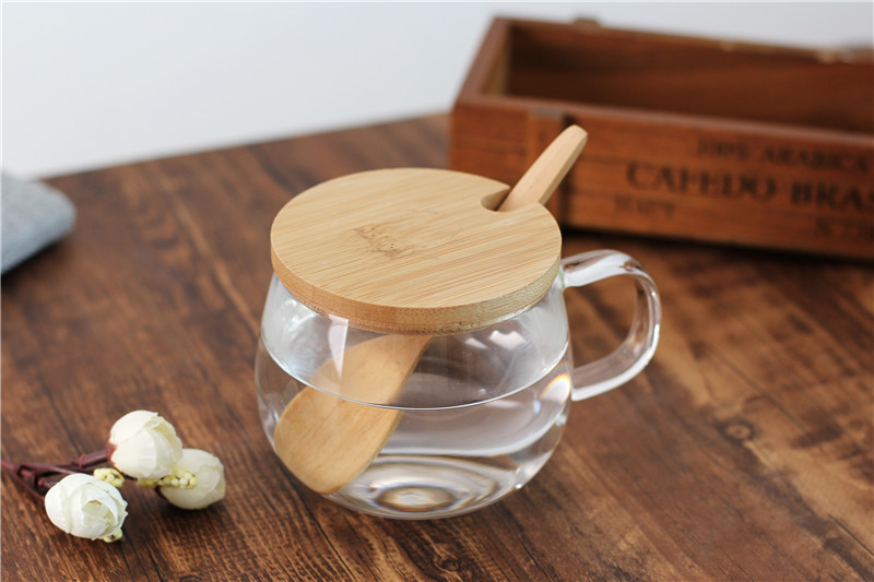 Heat Resistant Borosilicate Glass Coffee Mug Water Cup With Bamboo Lid and Spoon