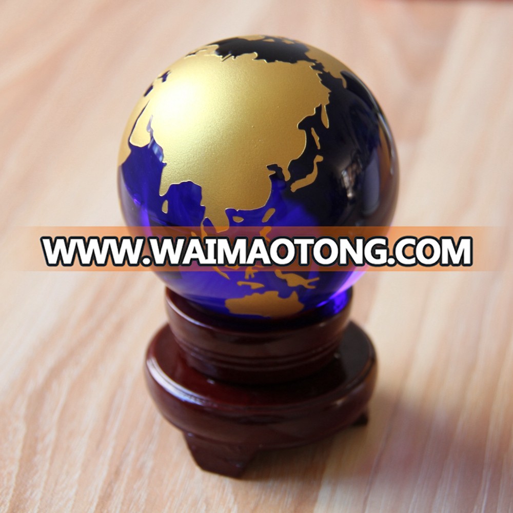 80mm blue globe ball sandy blast with golden color round crystal blue globe ball with wooden base with gift box