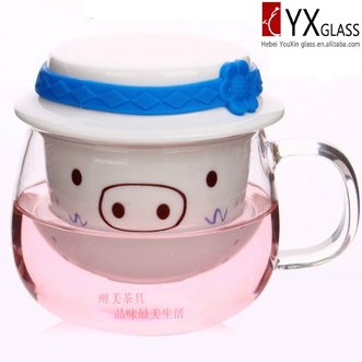 New style heat resistant cute glass tea mug set with ceramic filer