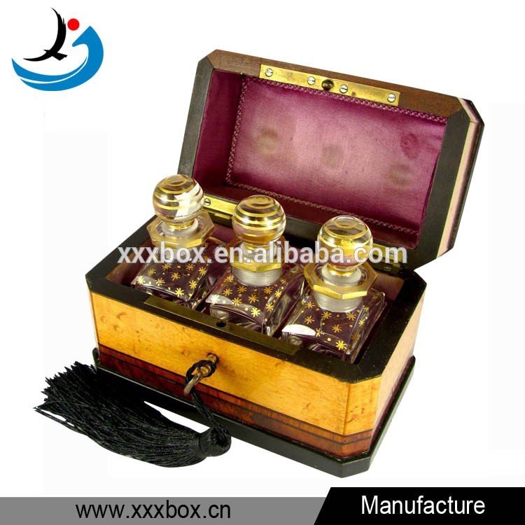 Antique wood 3 holders luxury perfume box with lock wholesale