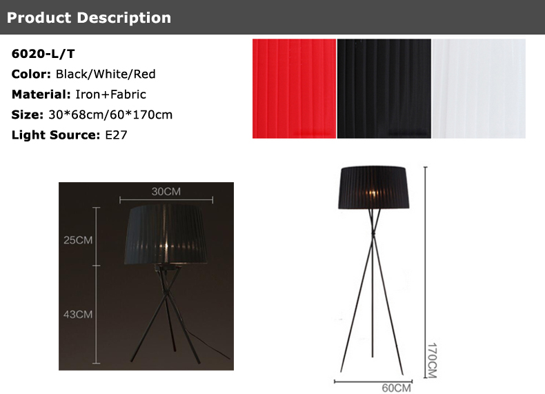 Red black white stand lamp 3 legs wood/iron modern tripod floor light