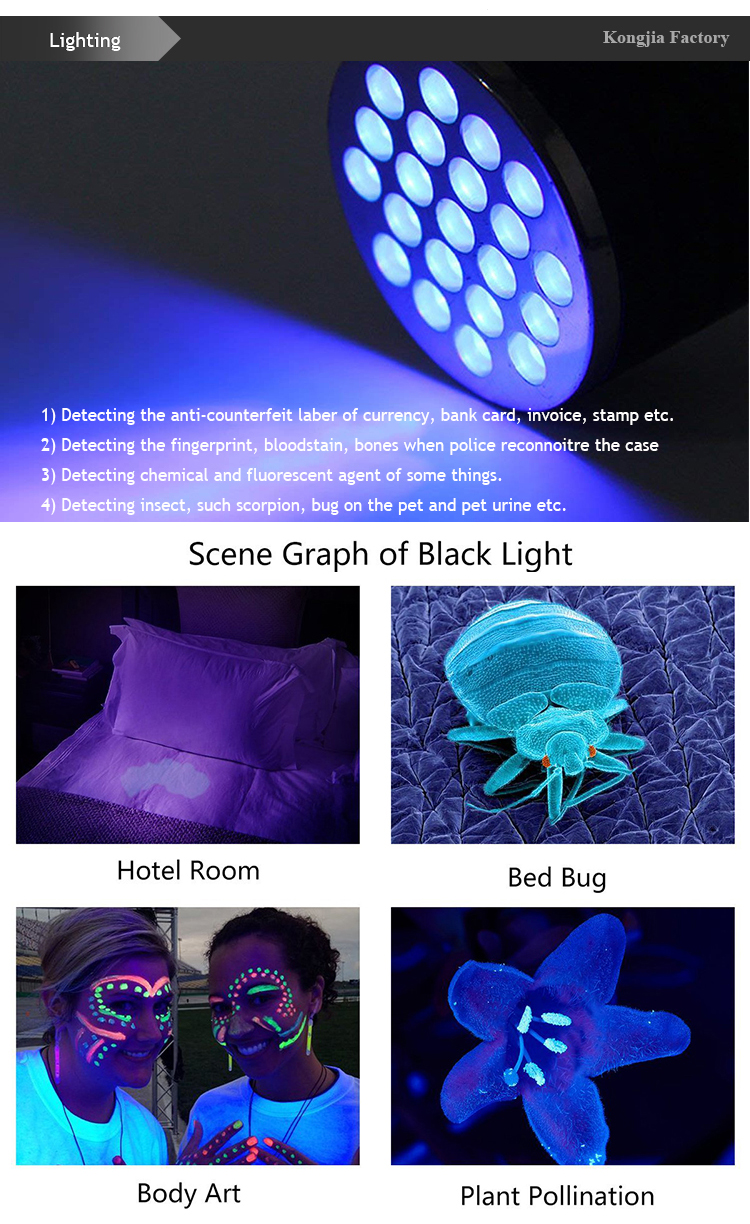 NHKJ Aluminum 395nm Ultraviolet Blacklight Flashlight 21 led UV Torch