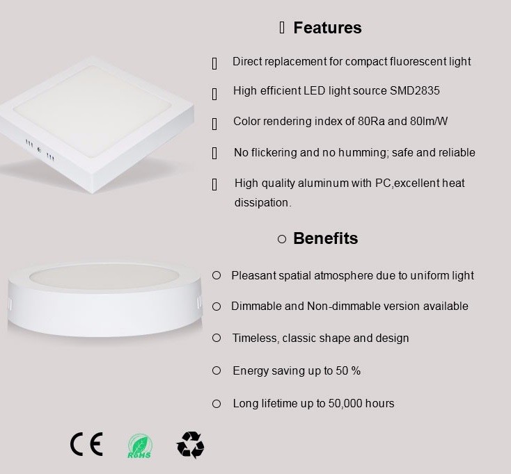 High quality 6W 12W 18W 24W surface mounted round led panel light