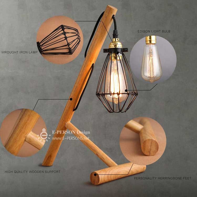 Vintage Industrial simple wood lamp base wooden frame table lamp for bedside night light