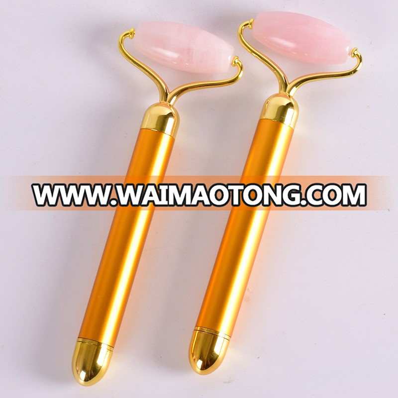 Pink Rose Quartz Facial Massage Jade Roller with metal handle