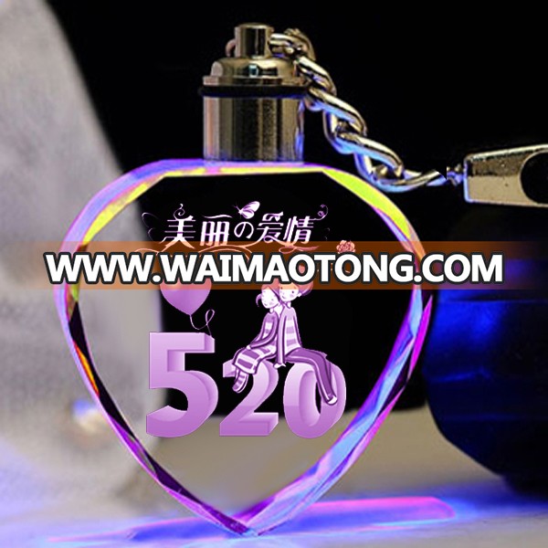 High quality promotional logo laser engraving crystal keychain gifts with led light