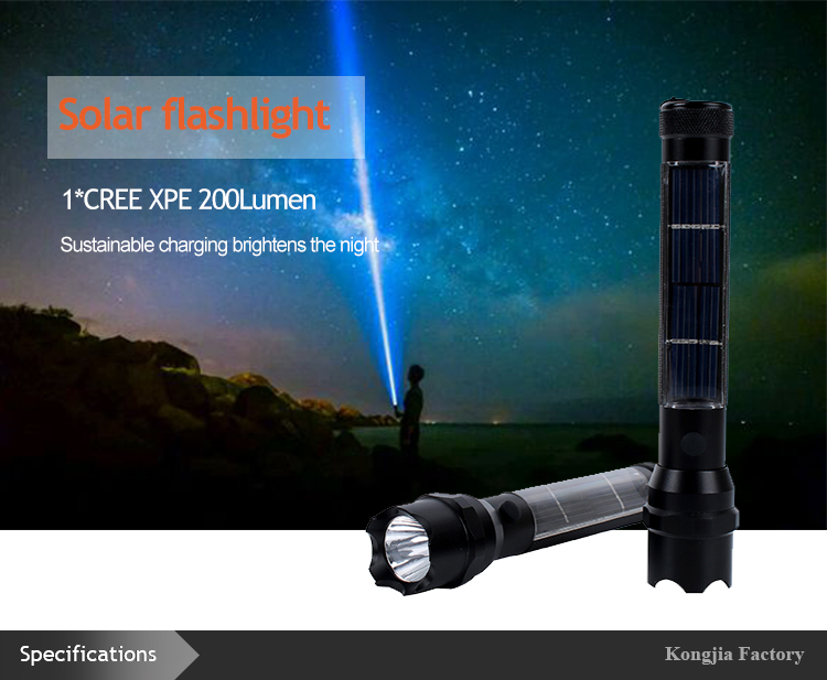 Solar powered flashlight solar torch light  lamp torches with USB rechargeable battery