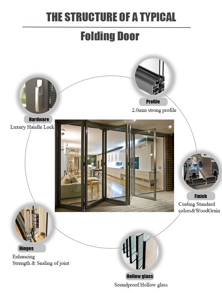 Wholesale decorative soundproof living room vertical aluminium accordion bi fold doors air tight folding door