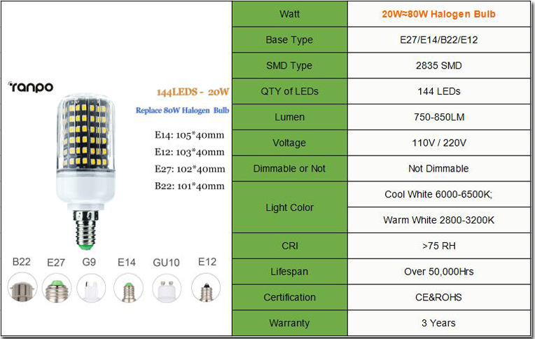 LED Corn Bulb Light E12 E14 E27 B22 2835 SMD 30W - 100W Halogen Lamp Replacement