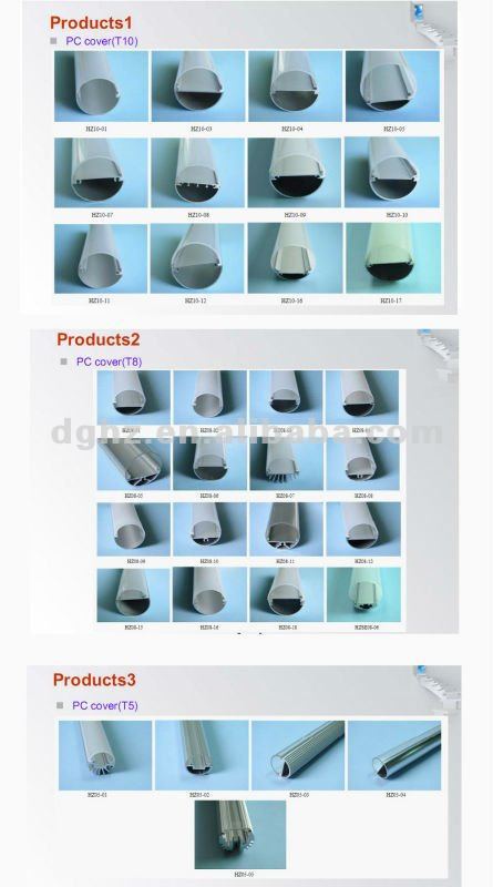 Main products with T5/T8/T10/T12 pc plastic cover for white/milky/transparent color