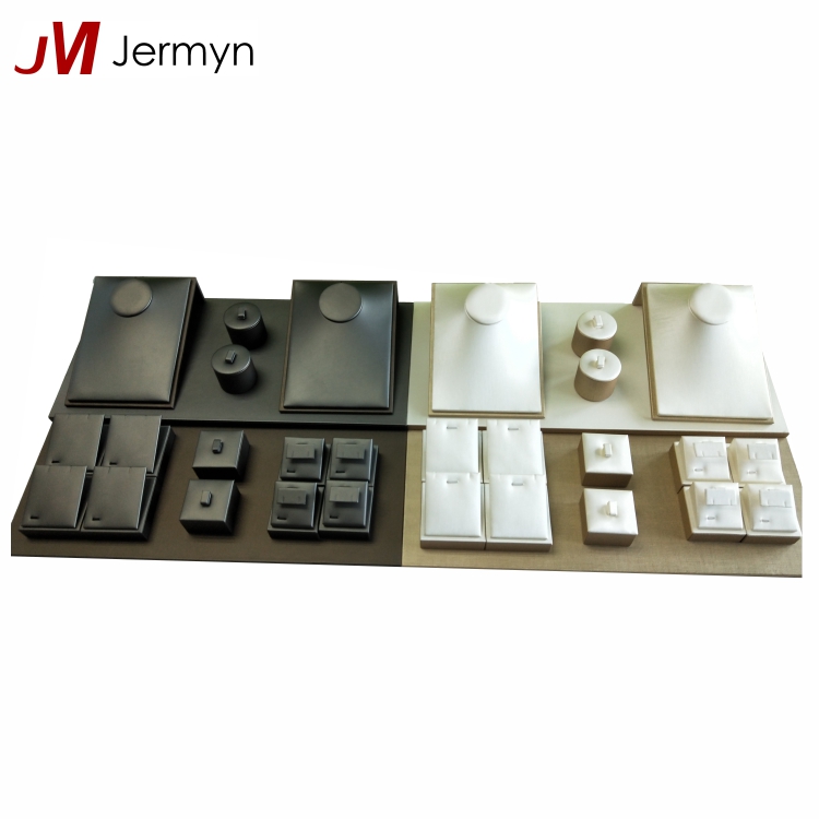 Customized Fashion Jewellery Showcase Luxury Black MDF PU Leather Jewelry Display Set