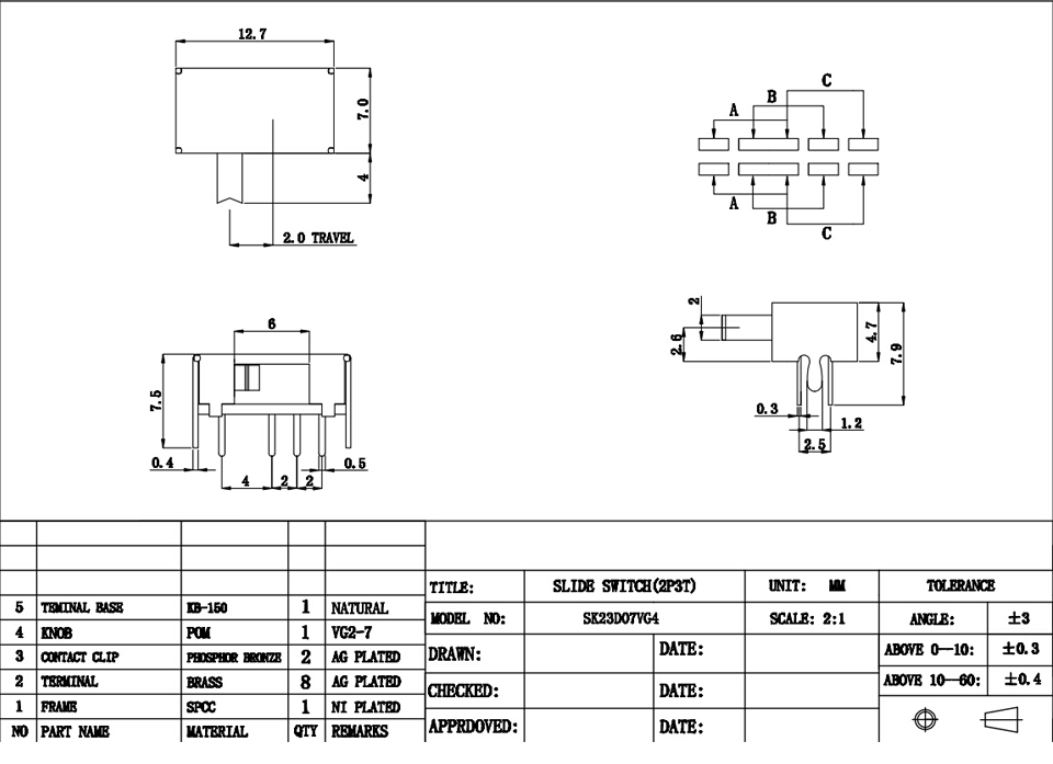 Electric power tools SK23D07VG4 6V 2 position 8 pin Slide Switch big quantity good price