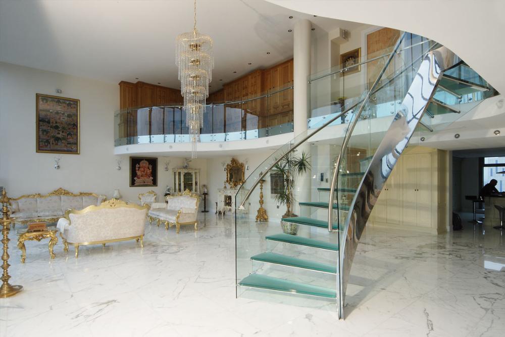 Commercial stainless steel glass curved staircase custom glass wood arc stairs