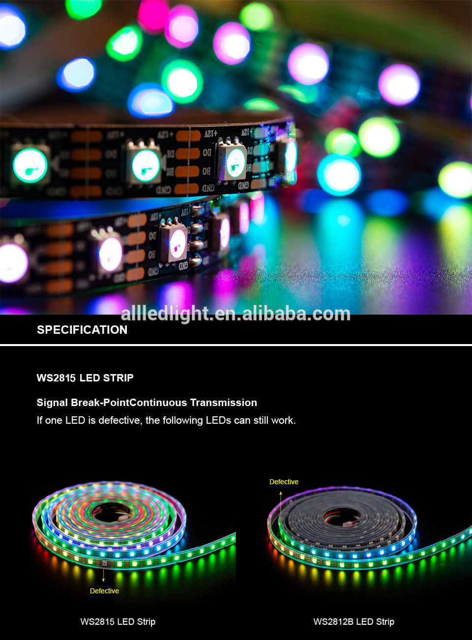 DC12V WS2815 pixel led strip light,Addressable Dual-signal Smart,30/60 pixels/leds/m Black/White PCB,IP30/IP65/IP67