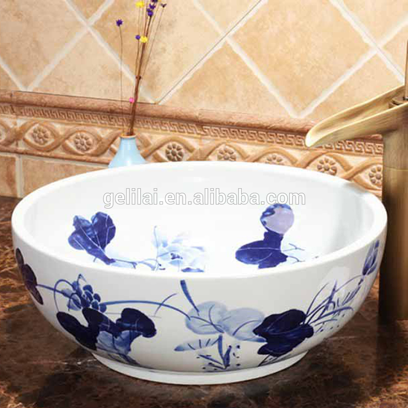 Blue color hand painting ceramic round counter basin price