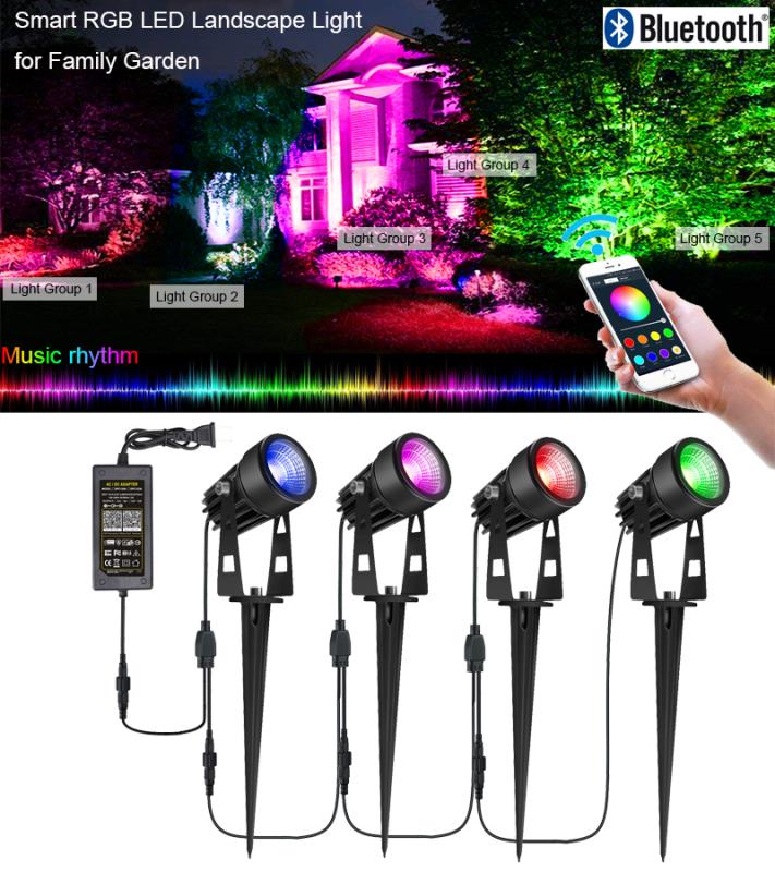 RGB Music Mobile Controlled LED Landscape Lights LED Garden Pathway Lights Walls Trees Outdoor Spotlight with Spike Stand Garden