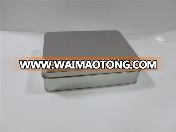 China tin container manufacturer's plain brushed silver metal tin box with hinged lid