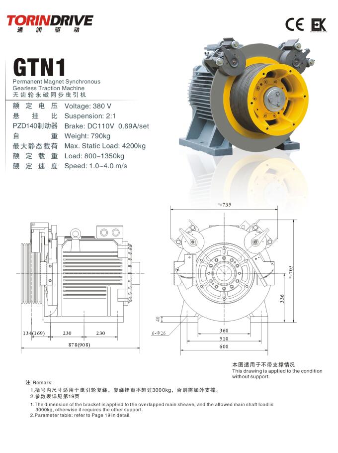Elevator Traction Machine 630Kg Torin GTN1 Gearless Motor From China