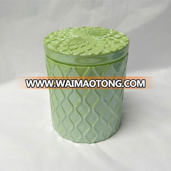 D8*H9.5cm*450g  luxury waves embossed bright green glass  jewelry container box/jar with glass lid