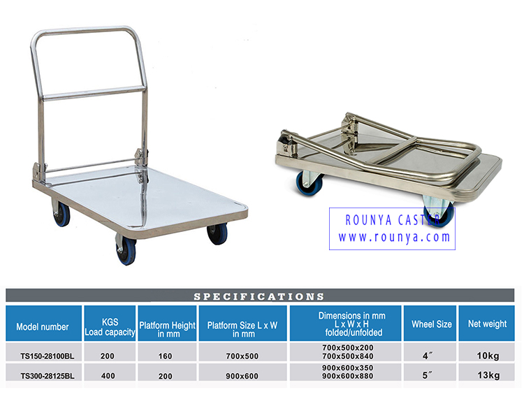 Four wheel stainless steel folding handle platform trucks capacity 150kg 300kg