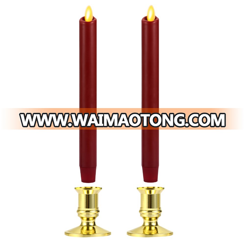 Real wax surface flameless  moving wick LED taper candles with timer and remote 2pcs/set Burgundy