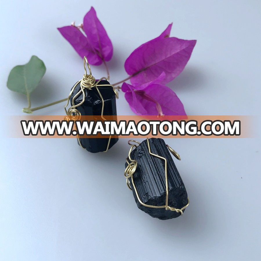 Hot handmade wire wrap rough stone pendant black tourmaline