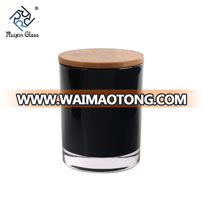 Customized Logo Glass Candlestick  Candle Holder Jar Spray Black And White Color With Bamboo Wooden Lids