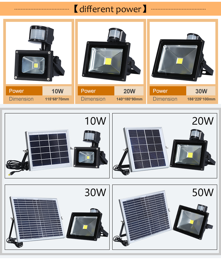 Portable ip65 outdoor security 10w 20w 30w 50w solar motion sensor flood light