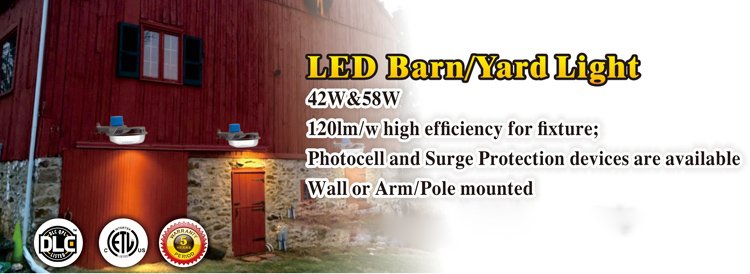 5 years warranty DLC ETL listed led barn Light, IP65 LED Yard Light fixture 42W 58W