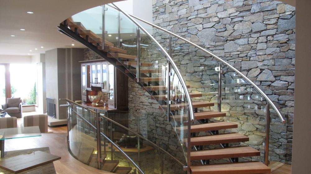 Commercial stainless steel glass curved staircase custom glass wood arc stairs