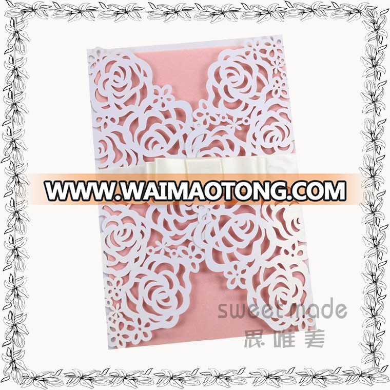 India Luxury floral gate laser cut wedding invitation card with ribbon