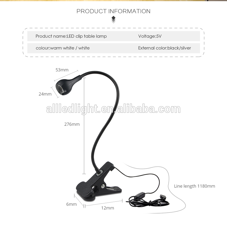 Wholesale  USB rechargeable LED Night Light Clip on Flexible Reading  Light Bed Table Desk LED Book Lamp