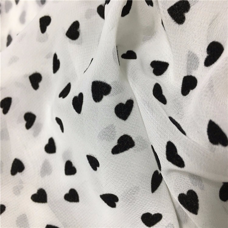 75D 100% polyester black heart flocked chiffon fabric for women's cloth