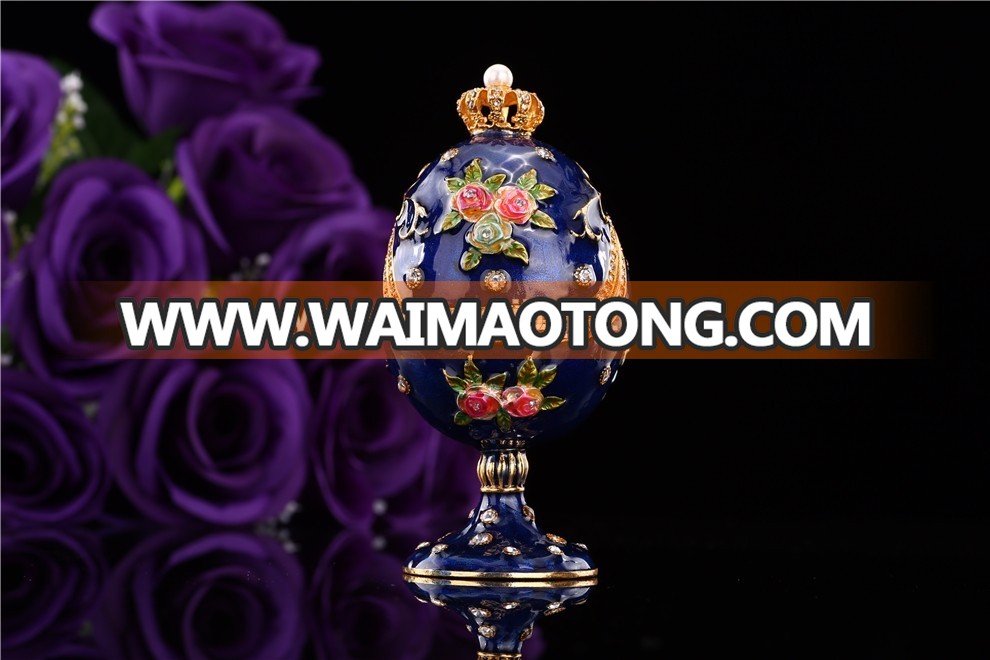 Elegant blue flower faberge egg metal trinket box enamel craft gift item decoration QF3399