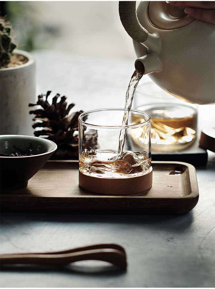 Creative 120ml Functional Small Glass Drinking Cup With Black Walnut Beech Wooden Tray For Beverage