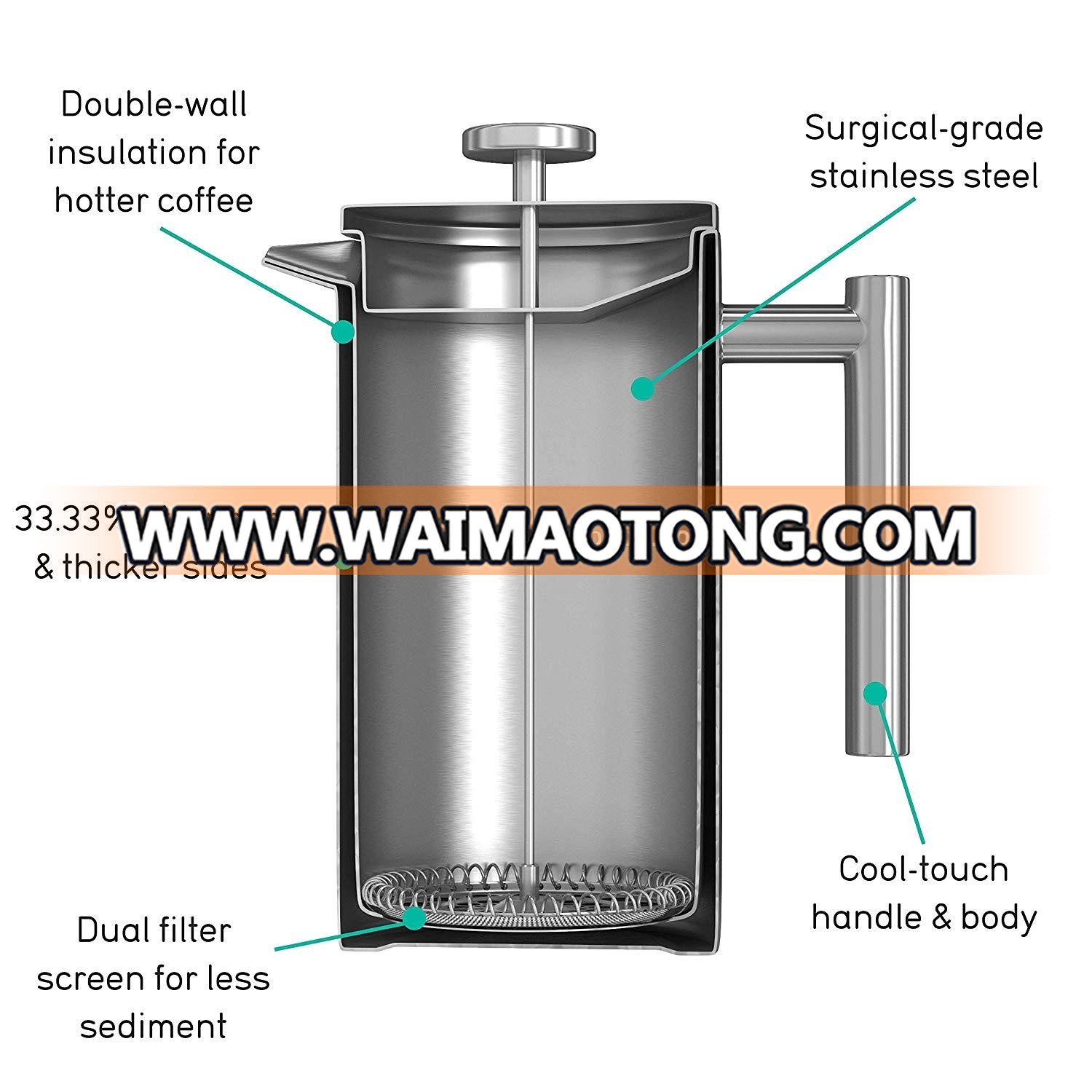 Gun Metal French Press Coffee Maker Hotter For Longer Thermal Brewer Double Wall Insulated Stainless Steel 34 Ounce