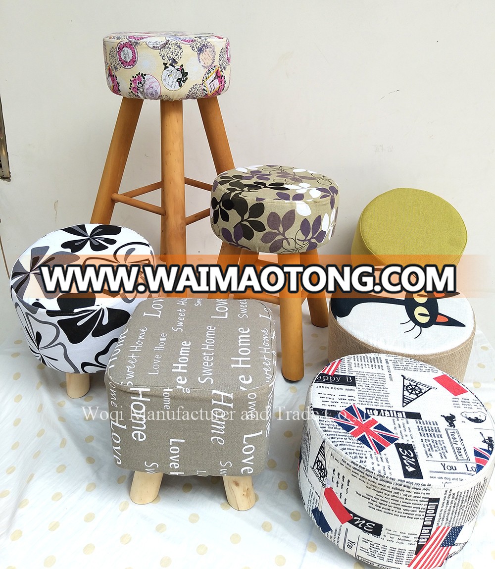 2017 High quality Wooden Fabric Ottoman furniture, Cushioned Small Round Stools Low wooden Ottoman FootStool with fabric