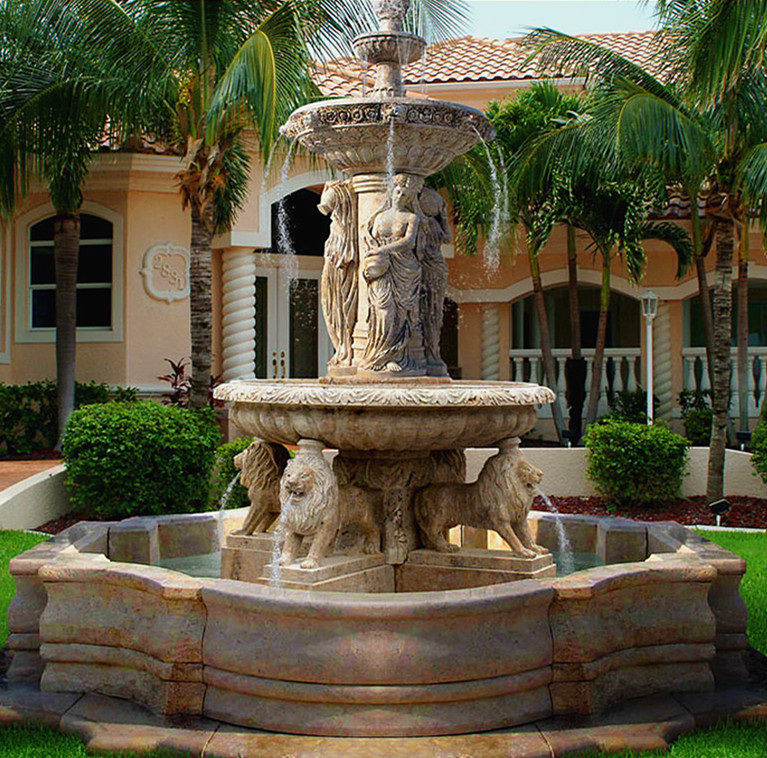 Garden decoration large outdoor travertine fountain with lions