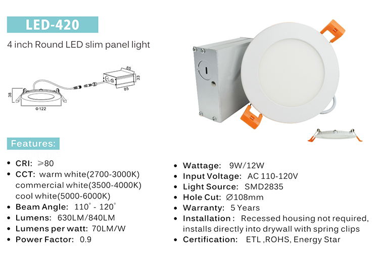 slim flat 4" led ceiling panel light with junction box for north america