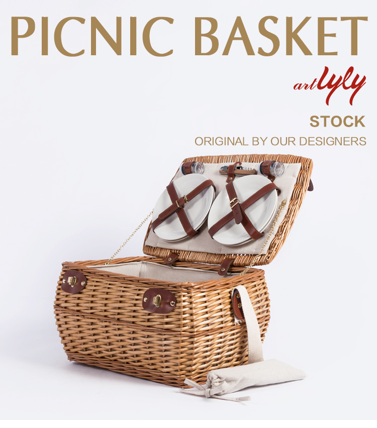 Handmade crafts small outdoor mini gift baguette storage willow rattan hampers weaving wicker picnic basket straps long handle