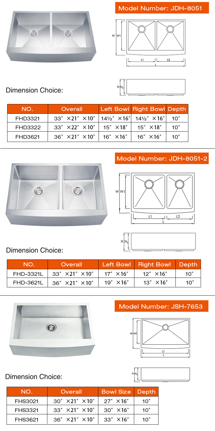 Handmade Stainless Steel Farmhouse Apron Kitchen Sink JDH-8051