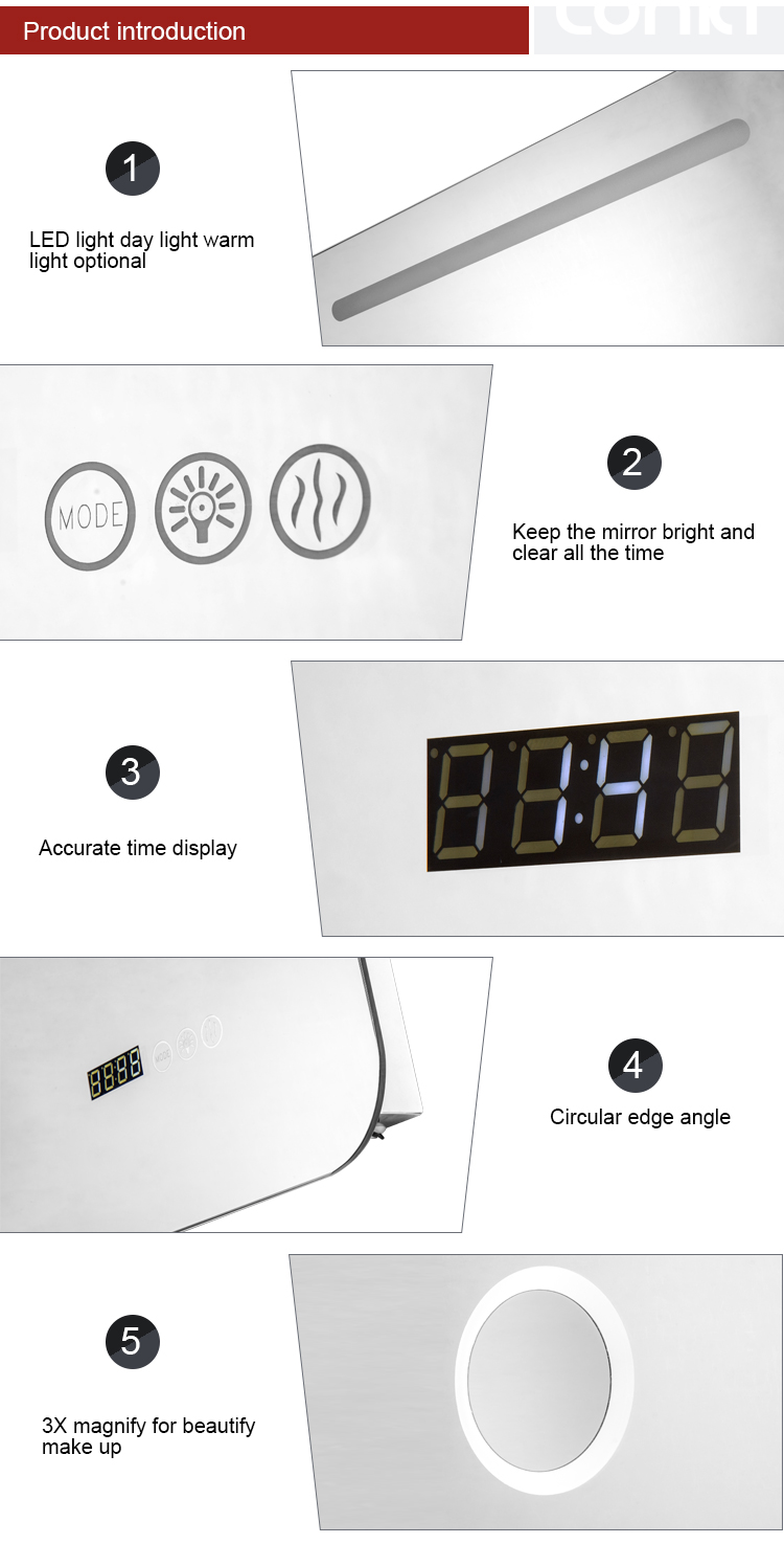 2019 LED bathroom mirror with magnifying mirror clock and antifog hot selling illuminum make up mirror