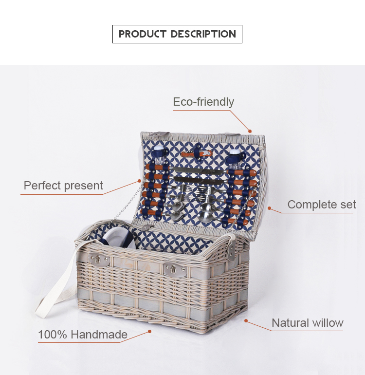 Fabric liners cheap handmade craft food cooler hampers blanket grey rattan wicker willow storage picnic basket set for 4 person