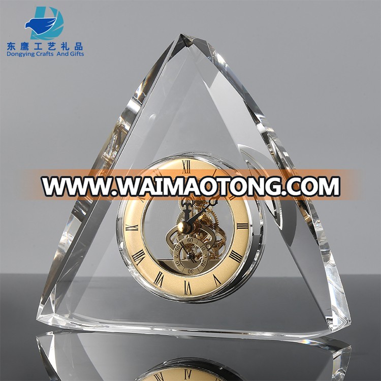 Customized Text Carved Unique Triangle Shape Clear Crystal Personalized Clock Gifts