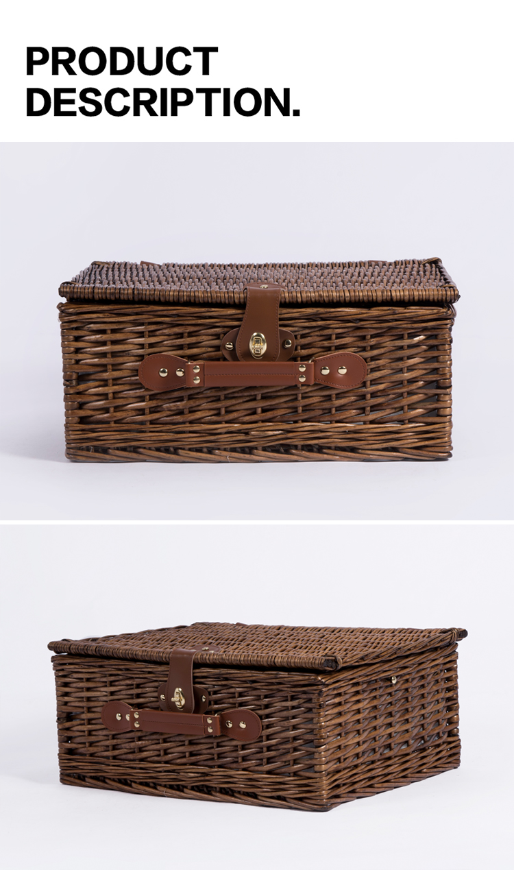 Brown rectangular square food storage box suitcase 4 person wicker willow rattan insulation picnic baskets wholesale with lid