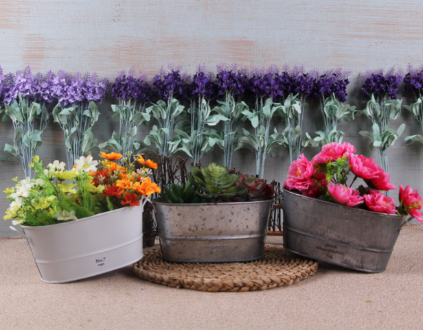 Wholesale oval white small indoor flower pot artificial succulent plants potted galvanized metal planters mini plant pots